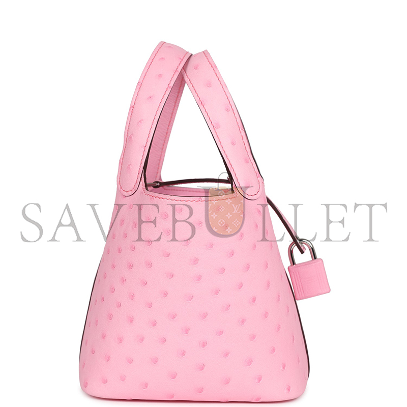 HERMÈS MASTER MICRO PICOTIN LOCK 14 BUBBLEGUM OSTRICH PALLADIUM HARDWARE (14*12*10cm) 